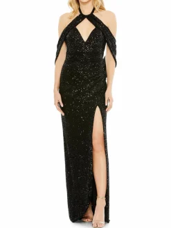 Women Mac Duggal Sequined Cutout Draped Slit Gown