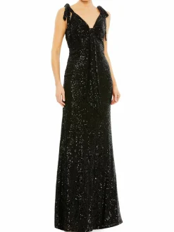 Women Mac Duggal Sequined Low Back Tie Shoulder Gown