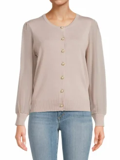 Women Wdny Sheer Sleeve Faux Pearl Cardigan