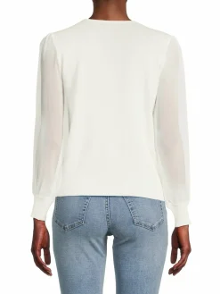 Women Wdny Sheer Sleeve V Neck Sweater