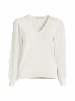 Women Wdny Sheer Sleeve V Neck Sweater