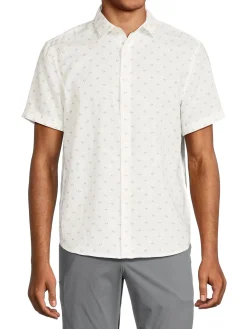 Perry Ellis Linen|Short Sleeve Dot Linen Blend Button Down Shirt Bright White