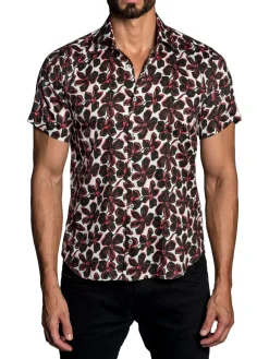 Jared Lang Casual Button-Down Shirts|Short Sleeve Floral Button Down Shirt White Red