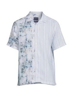 Stitch Note Linen|Short Sleeve Floral Stripe Linen Button Down Shirt Blue