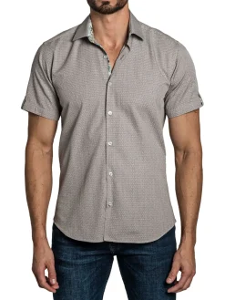 Jared Lang Casual Button-Down Shirts|Short Sleeve Jacquard Button Down Shirt Brown