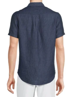 Heritage Report Collection Linen|Short Sleeve Striped Linen Oxford Shirt Navy