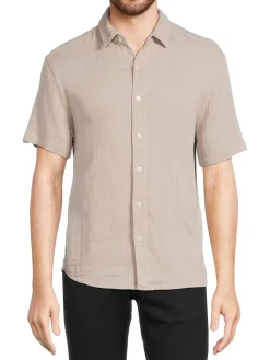 HEDGE Casual Button-Down Shirts|Short Sleeve Textured Button Down Shirt Latte