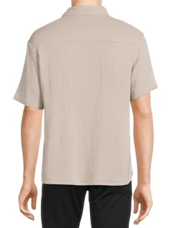 HEDGE Casual Button-Down Shirts|Short Sleeve Textured Button Down Shirt Latte