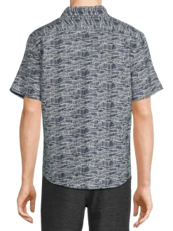 Perry Ellis Linen|Short Sleeve Wave Linen Blend Button Down Shirt Dark Sapphire