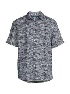 Perry Ellis Linen|Short Sleeve Wave Linen Blend Button Down Shirt Dark Sapphire