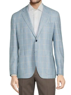 Lubiam Blazers & Sportcoats|Silk & Virgin Wool Windowpane Check Sportcoat Light Blue