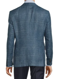 BOSS Linen|Slim Fit Checked Linen Blend Blazer Blue