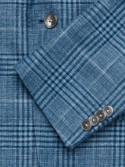BOSS Linen|Slim Fit Checked Linen Blend Blazer Blue