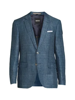 BOSS Linen|Slim Fit Checked Linen Blend Blazer Blue