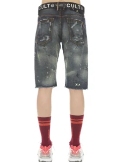 Cult Of Individuality Shorts|Slim Fit Distressed Belted Jean Shorts Travick Grey
