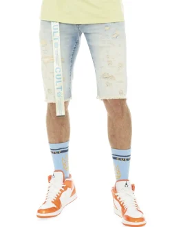 Cult Of Individuality Shorts|Slim Fit Distressed Belted Jean Shorts Scars Blue