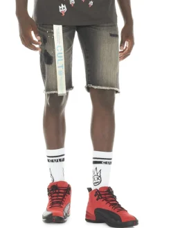 Cult Of Individuality Shorts|Slim Fit Distressed Belted Jean Shorts Grey