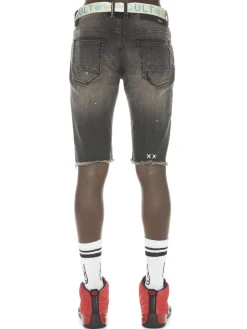 Cult Of Individuality Shorts|Slim Fit Distressed Belted Jean Shorts Grey