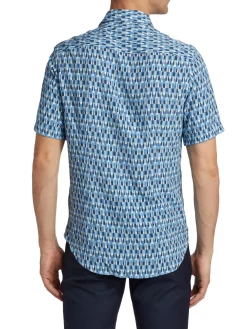 Saks Fifth Avenue Casual Button-Down Shirts|Slim Fit Geo Stripe Short Sleeved Shirt Ibiza Blue