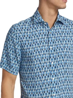 Saks Fifth Avenue Casual Button-Down Shirts|Slim Fit Geo Stripe Short Sleeved Shirt Ibiza Blue