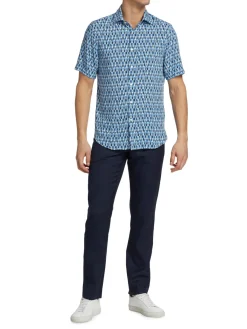 Saks Fifth Avenue Casual Button-Down Shirts|Slim Fit Geo Stripe Short Sleeved Shirt Ibiza Blue