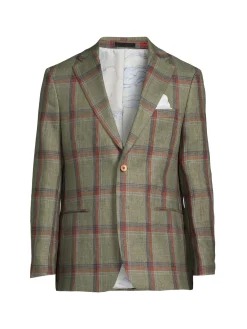 Tallia Linen|Slim Fit Plaid Linen Blazer Olive Rust