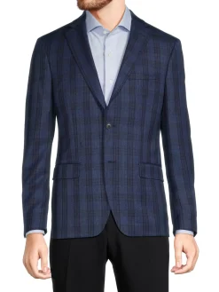 Calvin Klein Blazers & Sportcoats|Slim Fit Plaid Wool Blend Blazer Navy
