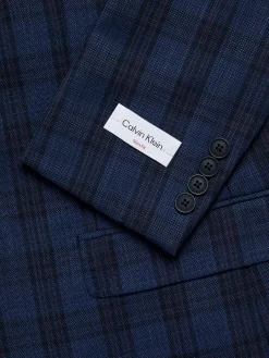 Calvin Klein Blazers & Sportcoats|Slim Fit Plaid Wool Blend Blazer Navy