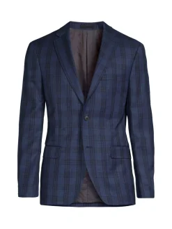 Calvin Klein Blazers & Sportcoats|Slim Fit Plaid Wool Blend Blazer Navy
