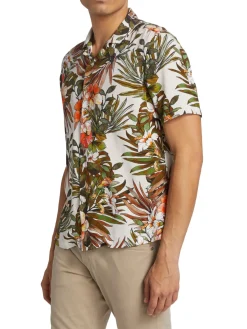 Saks Fifth Avenue Casual Button-Down Shirts|Slim Fit Tropical Print Short Sleeve Shirt Curry