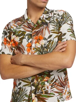 Saks Fifth Avenue Casual Button-Down Shirts|Slim Fit Tropical Print Short Sleeve Shirt Curry