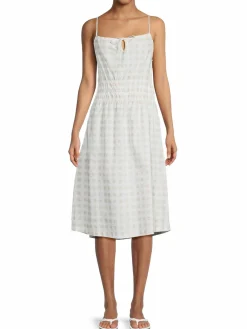 Women Saks Fifth Avenue Smocked Keyhole Linen Blend Dress