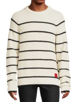 HUGO Sweaters|Stom Striped Raglan Sleeve Wool Blend Sweater White Black
