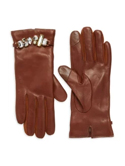 Portolano Gloves|Stone Studded Leather Gloves Tobacco