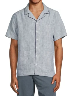 Onia Linen|Striped Linen Blend Camp Shirt Navy