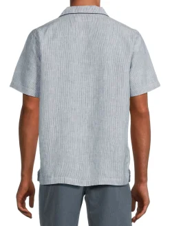 Onia Linen|Striped Linen Blend Camp Shirt Navy