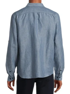 Perry Ellis Linen|Striped Linen Blend Shirt Dark Denim
