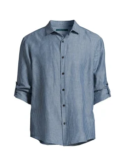 Perry Ellis Linen|Striped Linen Blend Shirt Dark Denim