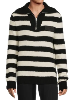 Balmain Cashmere|Striped Wool Blend Zip Up Sweater Black White