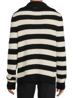 Balmain Cashmere|Striped Wool Blend Zip Up Sweater Black White