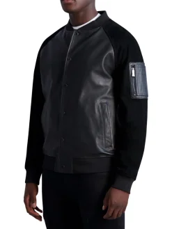 Karl Lagerfeld Paris Coats & Jackets|Suede Leather Bomber Jacket Black