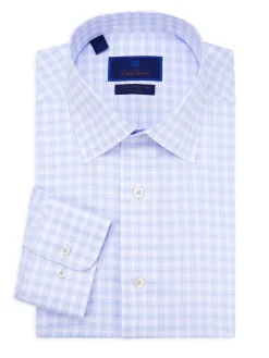 David Donahue Dress Shirts|Trim Fit Checked Dress Shirt White Purple