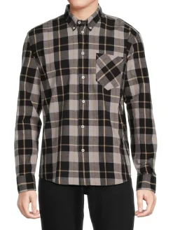 Billy Reid Linen|Tuscumbia Plaid Button Down Shirt Black Tan