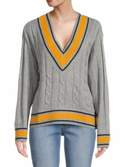 Women Tommy Hilfiger V Neck Cable Knit Varsity Sweater