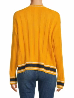 Women Tommy Hilfiger V Neck Cable Knit Varsity Sweater