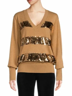 Women DKNY V Neck Sequin Blouson Sweater