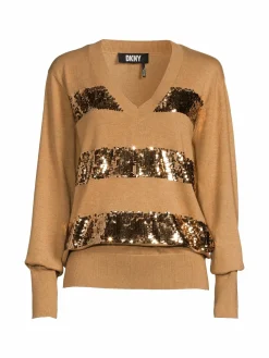 Women DKNY V Neck Sequin Blouson Sweater