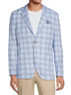 TailorByrd Linen|Windowpane Check Blazer Light Blue