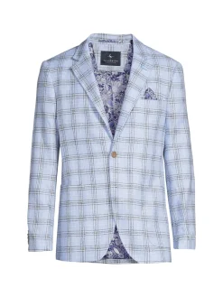 TailorByrd Linen|Windowpane Check Blazer Light Blue