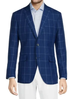 Saks Fifth Avenue Linen|Windowpane Linen Blazer Navy